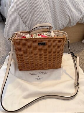kate spade Sam Wicker Basket Bag with Cream Trim and Floral Interior